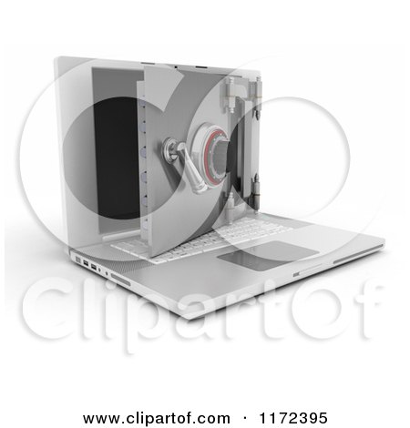 Clipart of a 3d Secure Laptop Computer with an Open Vault Safe - Royalty Free CGI Illustration by KJ Pargeter