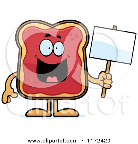 Cartoon of a Happy Toast and Jam Mascot Holding a Sign - Royalty Free Vector Clipart by Cory Thoman