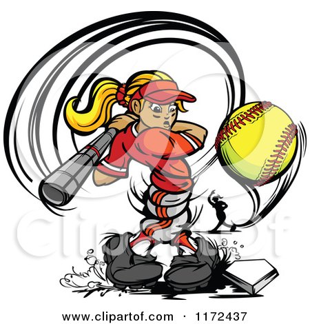 Cartoon of a Twisted Softball Player Girl Swinging at a Ball with a Pitcher in the Background - Royalty Free Vector Clipart by Chromaco