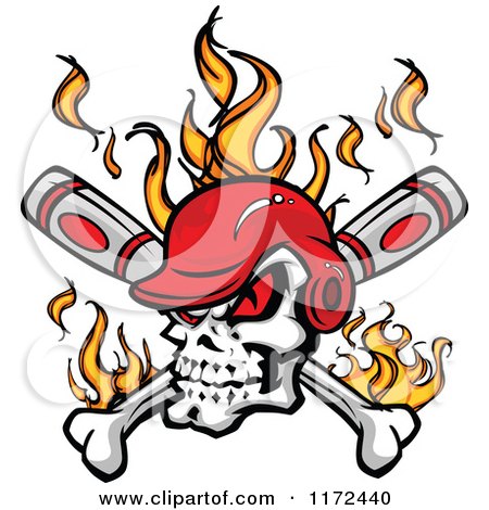 Clipart of a Red Eyed Baseball Skull Wearing a Helmet over Flames and Crossed Bats - Royalty Free Vector Illustration by Chromaco