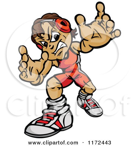 Cartoon of a Tough Wrestler Boy Reaching out - Royalty Free Vector Clipart by Chromaco