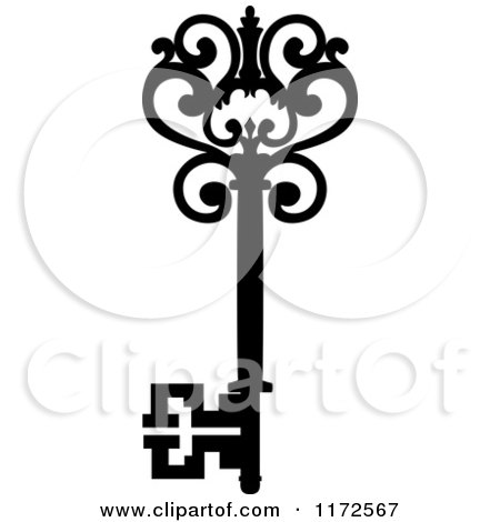 Clipart of a Black and White Antique Skeleton Key 17 - Royalty Free Vector Illustration by Vector Tradition SM