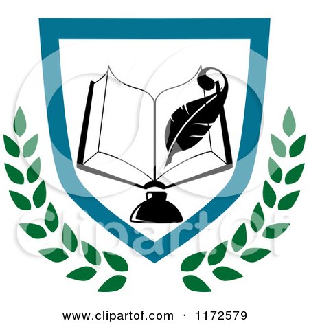 Clipart of a University or College Book and Ink Well with Pen Shield Heraldic Design - Royalty Free Vector Illustration by Vector Tradition SM