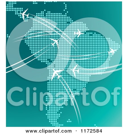 Clipart of Airplanes Flying over South America in Turquoise Tones - Royalty Free Vector Illustration by Vector Tradition SM