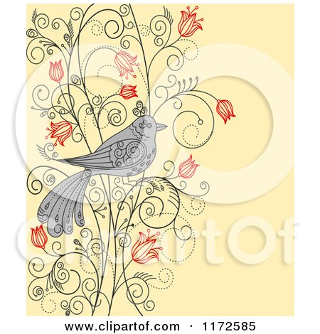 Clipart of a Gray Bird on a Floral Vine over Yellow - Royalty Free Vector Illustration by Vector Tradition SM