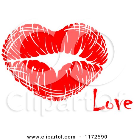 Clipart of a Red Lipstick Kiss and the Word Love - Royalty Free Vector Illustration by Vector Tradition SM