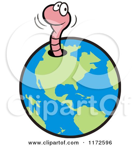 Cartoon of a Happy Pink Worm Emerging from a Hole in Earth - Royalty Free Vector Clipart by Johnny Sajem