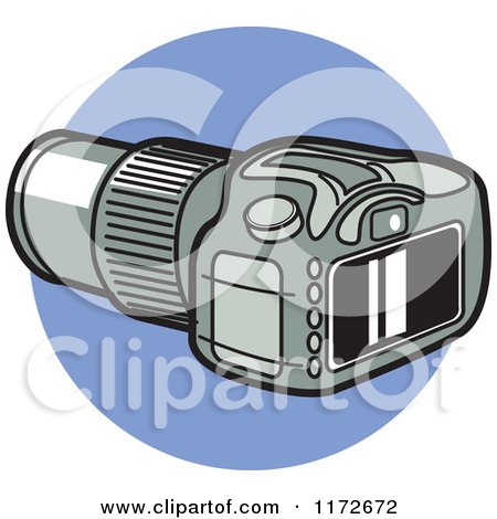 Cartoon of a DSLR Digital Camera over a Blue Circle - Royalty Free Vector Clipart by Andy Nortnik