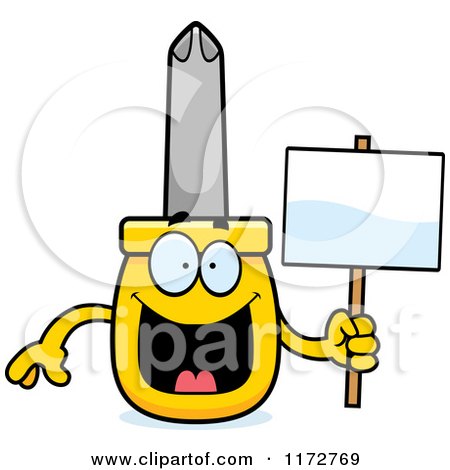 Cartoon of a Happy Philips Screwdriver Mascot Holding a Sign - Royalty Free Vector Clipart by Cory Thoman