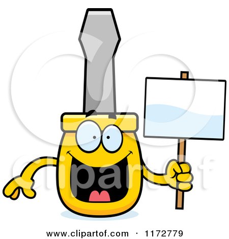 Cartoon of a Happy Screwdriver Mascot Holding a Sign - Royalty Free Vector Clipart by Cory Thoman