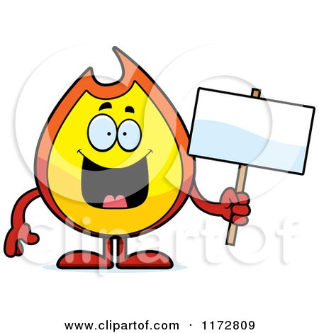 Cartoon of a Hapy Fire Mascot Holding a Sign - Royalty Free Vector Clipart by Cory Thoman