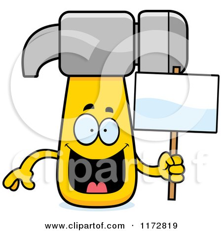 Cartoon of a Happy Hammer Mascot Holding a Sign - Royalty Free Vector Clipart by Cory Thoman
