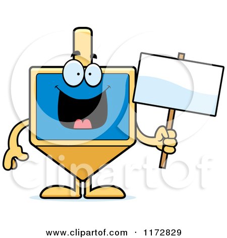 Cartoon of a Happy Dreidel Mascot Holding a Sign - Royalty Free Vector Clipart by Cory Thoman