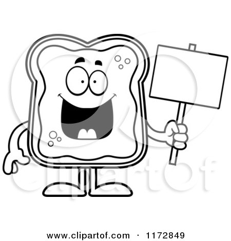 Cartoon Clipart Of A Happy Toast and Jam Mascot Holding a Sign - Vector Outlined Coloring Page by Cory Thoman