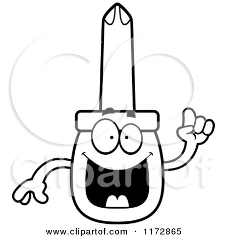 Cartoon Clipart Of A Smart Phillips Screwdriver Mascot with an Idea - Vector Outlined Coloring Page by Cory Thoman