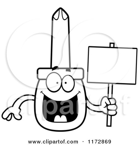Cartoon Clipart Of A Happy Phillips Screwdriver Mascot Holding a Sign - Vector Outlined Coloring Page by Cory Thoman