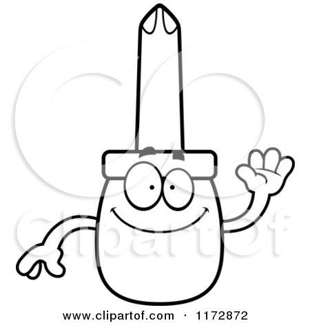 Cartoon Clipart Of A Waving Phillips Screwdriver Mascot - Vector Outlined Coloring Page by Cory Thoman