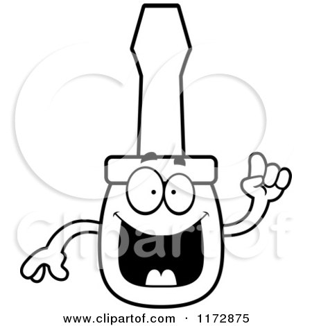 Cartoon Clipart Of A Smart Screwdriver Mascot with an Idea - Vector Outlined Coloring Page by Cory Thoman