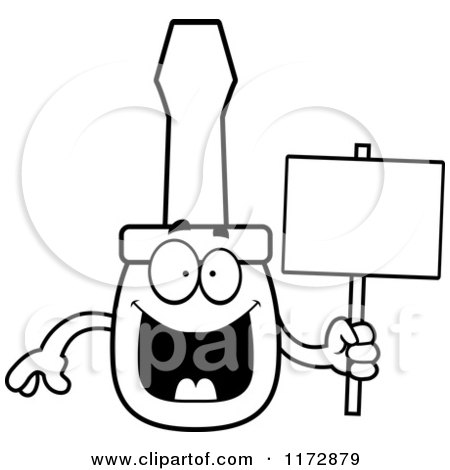 Cartoon Clipart Of A Happy Screwdriver Mascot Holding a Sign - Vector Outlined Coloring Page by Cory Thoman