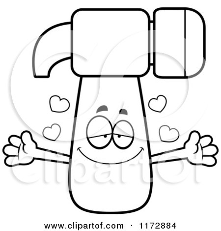 Cartoon Clipart Of A Loving Hammer Mascot Wanting a Hug - Vector Outlined Coloring Page by Cory Thoman