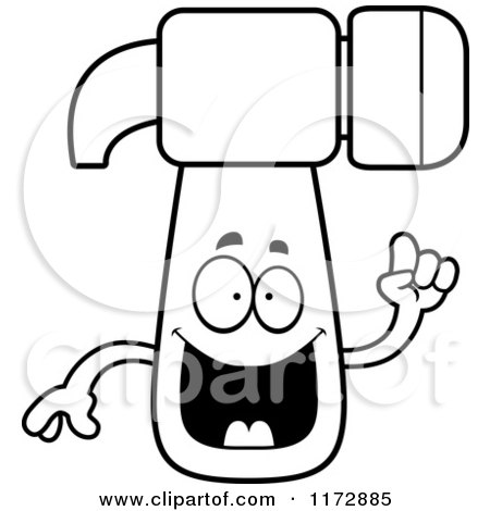Cartoon Clipart Of A Smart Hammer Mascot with an Idea - Vector Outlined Coloring Page by Cory Thoman