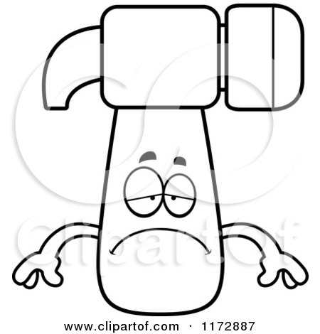 Cartoon Clipart Of A Depressed Hammer Mascot - Vector Outlined Coloring Page by Cory Thoman