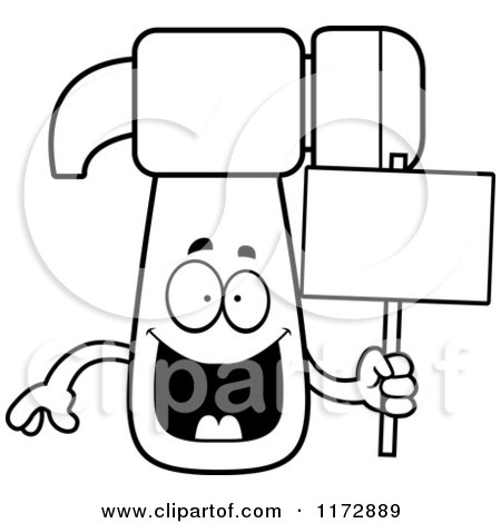 Cartoon Clipart Of A Happy Hammer Mascot Holding a Sign - Vector Outlined Coloring Page by Cory Thoman