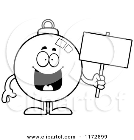 Cartoon Clipart Of A Happy Christmas Ornament Mascot Holding a Sign - Vector Outlined Coloring Page by Cory Thoman