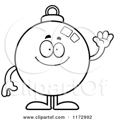 Cartoon Clipart Of A Waving Christmas Ornament Mascot - Vector Outlined Coloring Page by Cory Thoman