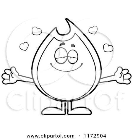 Cartoon Clipart Of A Loving Fire Mascot Wanting a Hug - Vector Outlined Coloring Page by Cory Thoman