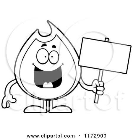 Cartoon Clipart Of A Hapy Fire Mascot Holding a Sign - Vector Outlined Coloring Page by Cory Thoman