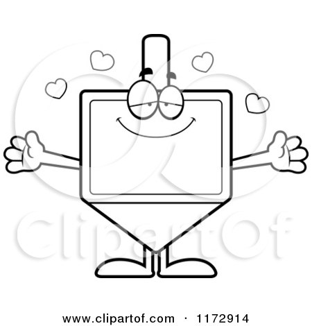 Cartoon Clipart Of A Loving Dreidel Mascot Wanting a Hug - Vector Outlined Coloring Page by Cory Thoman