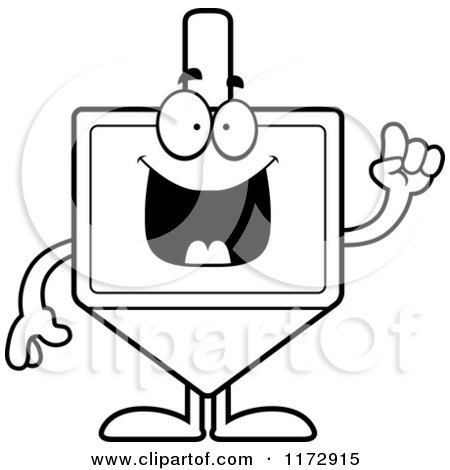 Cartoon Clipart Of A Smart Dreidel Mascot with an Idea - Vector Outlined Coloring Page by Cory Thoman