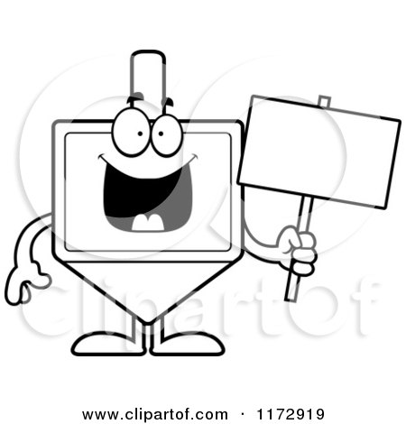 Cartoon Clipart Of A Happy Dreidel Mascot Holding a Sign - Vector Outlined Coloring Page by Cory Thoman