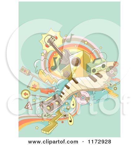 Cartoon of a Retro Music Background with Instruments and Transportation Doodles on Green - Royalty Free Vector Clipart by BNP Design Studio