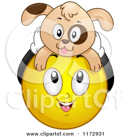 Cartoon of a Happy Emoticon Smiley with a Dog on Its Head - Royalty Free Vector Clipart by BNP Design Studio