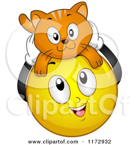 Cartoon of a Happy Emoticon Smiley with a Cat on Its Head - Royalty Free Vector Clipart by BNP Design Studio