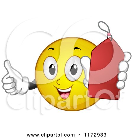 Cartoon of a Happy Emoticon Smiley Holding a Red Sales Tag - Royalty Free Vector Clipart by BNP Design Studio