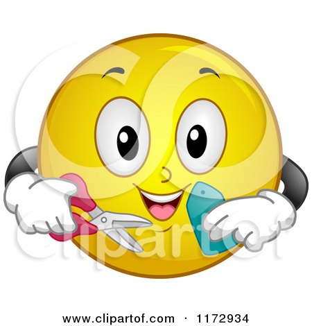 Cartoon of a Happy Emoticon Smiley Holding a Sales Tag and Scissors - Royalty Free Vector Clipart by BNP Design Studio