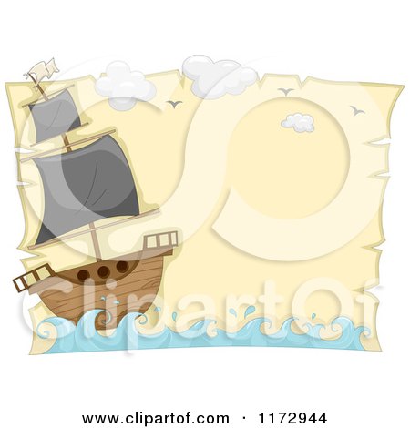 Cartoon of a Pirate Ship at Sea on a Parchment Page - Royalty Free Vector Clipart by BNP Design Studio