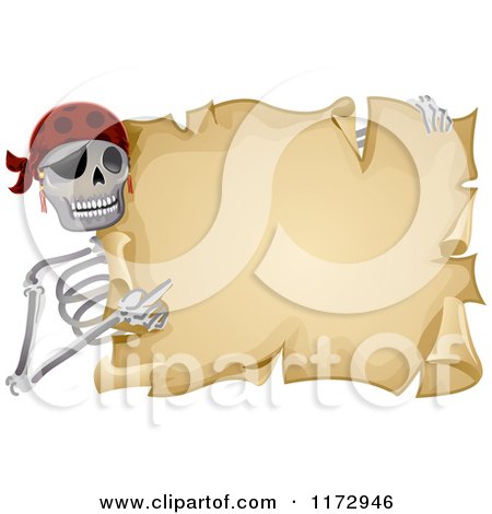 Cartoon of a Skeleton Pirate Holding and Pointing to an Aged Parchment Scroll - Royalty Free Vector Clipart by BNP Design Studio