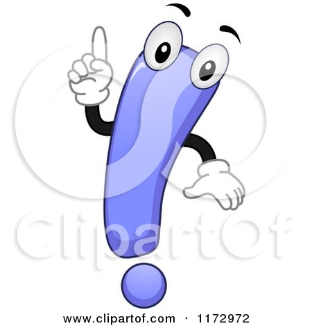 Cartoon of a Purple Exclamation Point Mascot Holding up a Finger - Royalty Free Vector Clipart by BNP Design Studio