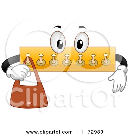 Cartoon of a Hook Rack Mascot Hanging a Purse - Royalty Free Vector Clipart by BNP Design Studio