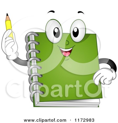 Cartoon of a Green Notebook Mascot Holding a Pencil - Royalty Free Vector Clipart by BNP Design Studio
