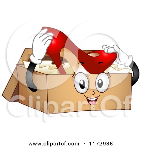 Cartoon of a Shoe Box Mascot Holding a High Heel - Royalty Free Vector Clipart by BNP Design Studio
