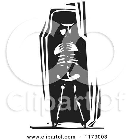 Clipart of a Woman in Hijab Looking at Bones Within, Black and White Woodcut - Royalty Free Vector Illustration by xunantunich