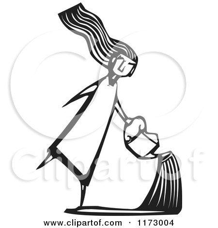 Clipart of a Girl Using a Watering Can, Black and White Woodcut - Royalty Free Vector Illustration by xunantunich