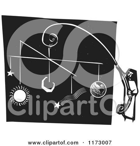 Clipart of a Girl Holding a Solar System Mobile, Black and White Woodcut - Royalty Free Vector Illustration by xunantunich