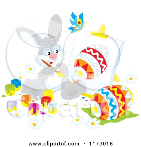 Cartoon of a Gray Easter Bunny Painting an Egg on an Easel - Royalty Free Vector Clipart by Alex Bannykh