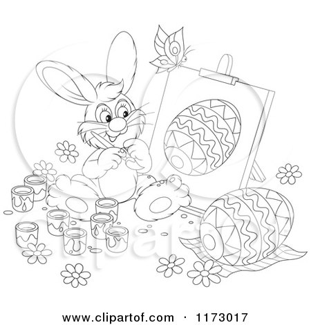Cartoon of an Outlined Easter Bunny Painting an Egg on an Easel - Royalty Free Vector Clipart by Alex Bannykh